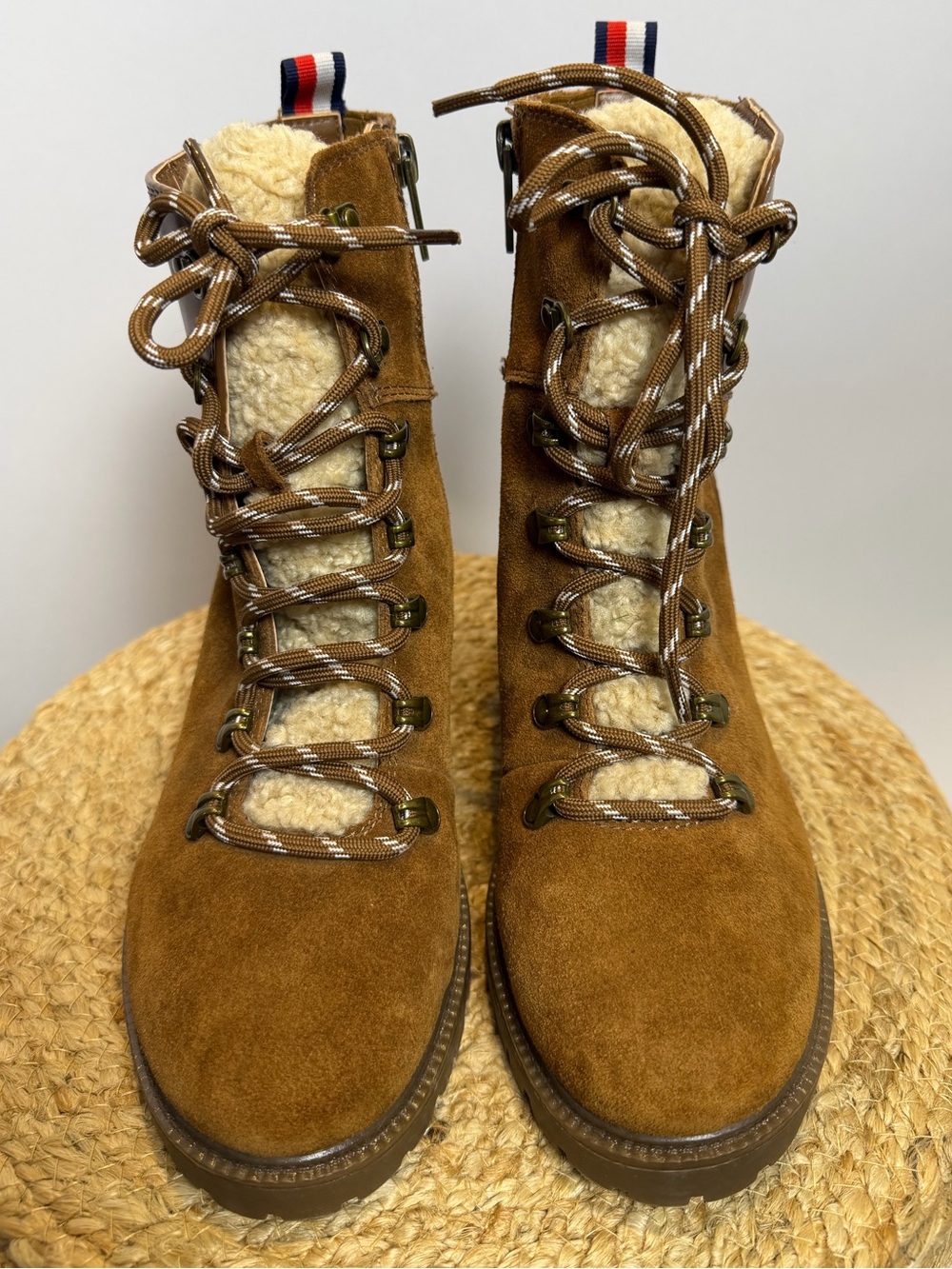 Tommy Hilfiger Lamere Block-Heel Brown Lace-Up Shearling Boots